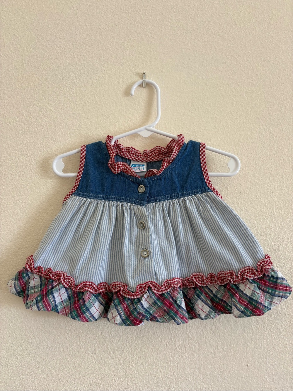 Vintage Baby Red Plaid Trim Denim Bodice Dress Toddle Tyke 9M
